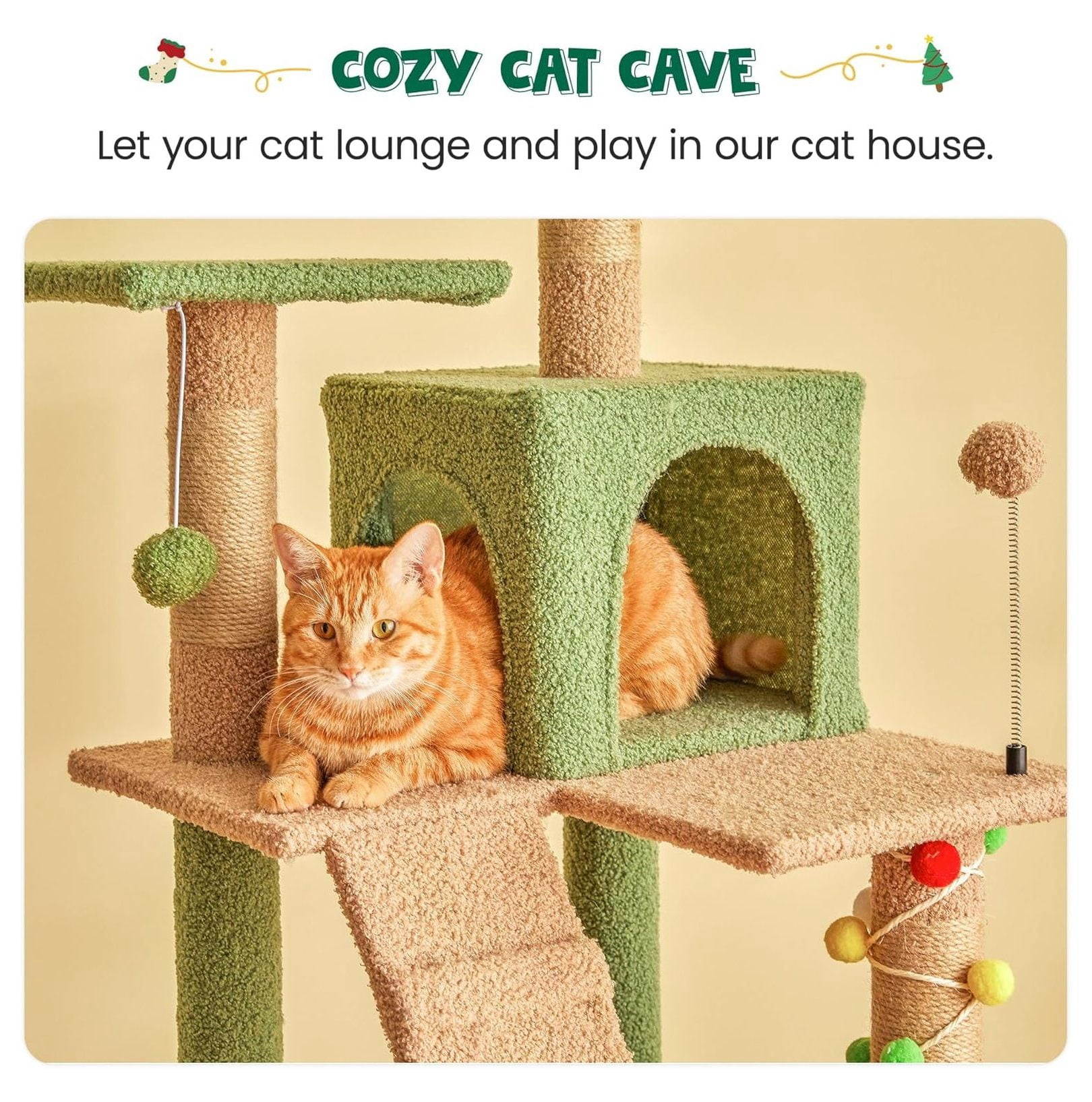 Cat Tree 63.8 Inches Green, Multi-Level Cat Tower with Scratching Posts, Hammock & Toys
