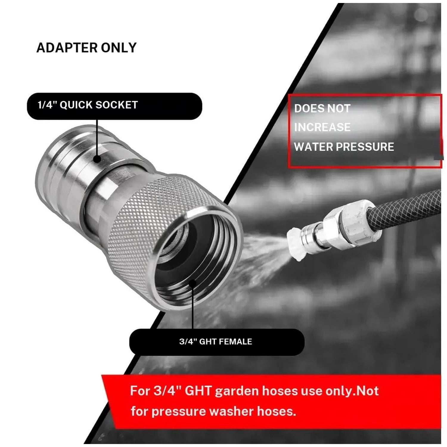 3/4" GHT to 1/4" Quick Connect Garden Hose to Pressure Washer Adapter, Stainless Steel Garden Hose Connectors, Tool-Free Install, Leak-Proof for Car Washing, Yardwork