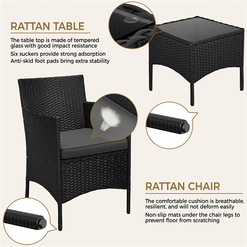 Renwick 3-Piece Rattan Furniture Set with 1 Side Table and 2 Chairs, Black/Gray