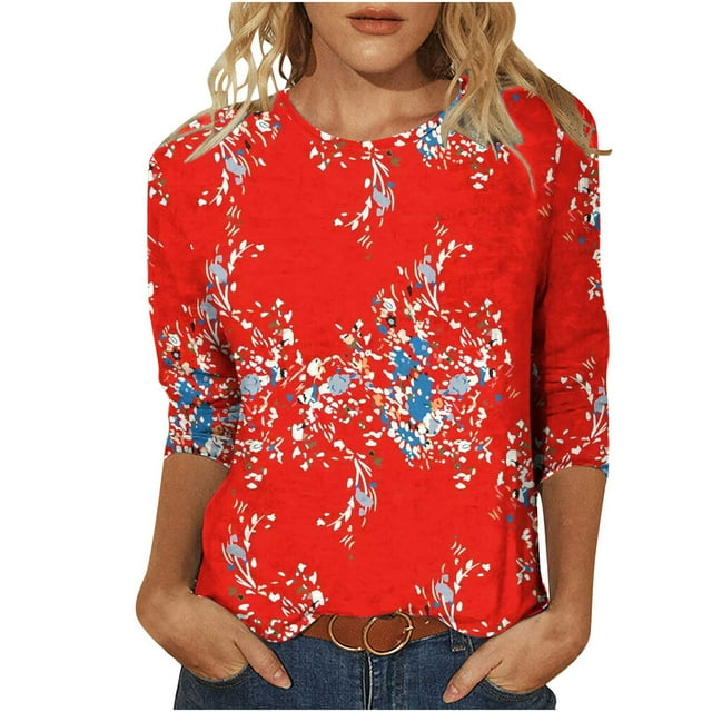 HKEJIAOI Hauts à Manches 3/4 pour Femmes Imprimé Floral Col Rond XXL Été