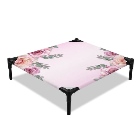 Pink Roses Elevated Dog Bed Classic Floral Eucalyptus Leaves Gradient Pink Cooling Breathable Outdoor Raised Dog Cot Bed with Metal Frame Non-Slip Feet for Small Dog 20x20in