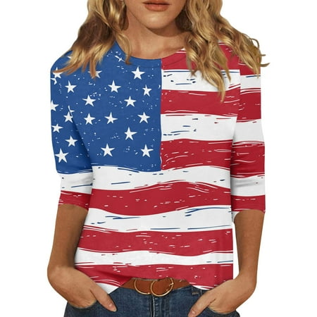 Tops  3/4 Sleeve Shirts For Women Cute 4Th Of July Print Graphic Tees Blouses Casual Plus Size Basic Tops Pullover Swimsuit Tops Long Fitted Square Neck Tops Tank Tops (5XL  Red) ZMTing
