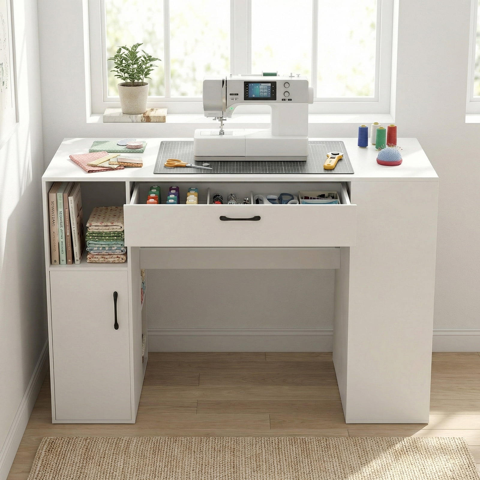ELLEGNT Counter Height Computer Desk with Adjustable Shelves and Drawer - Sewing Craft Table for Home Office, Craft Room
