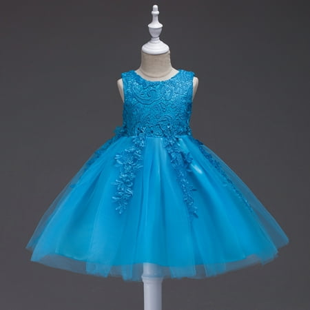 

THE WILD Toddler Dress Classic Flowers Net Yarn Solid Color O-Neck Sleeveless Midi Prom Dress Blue