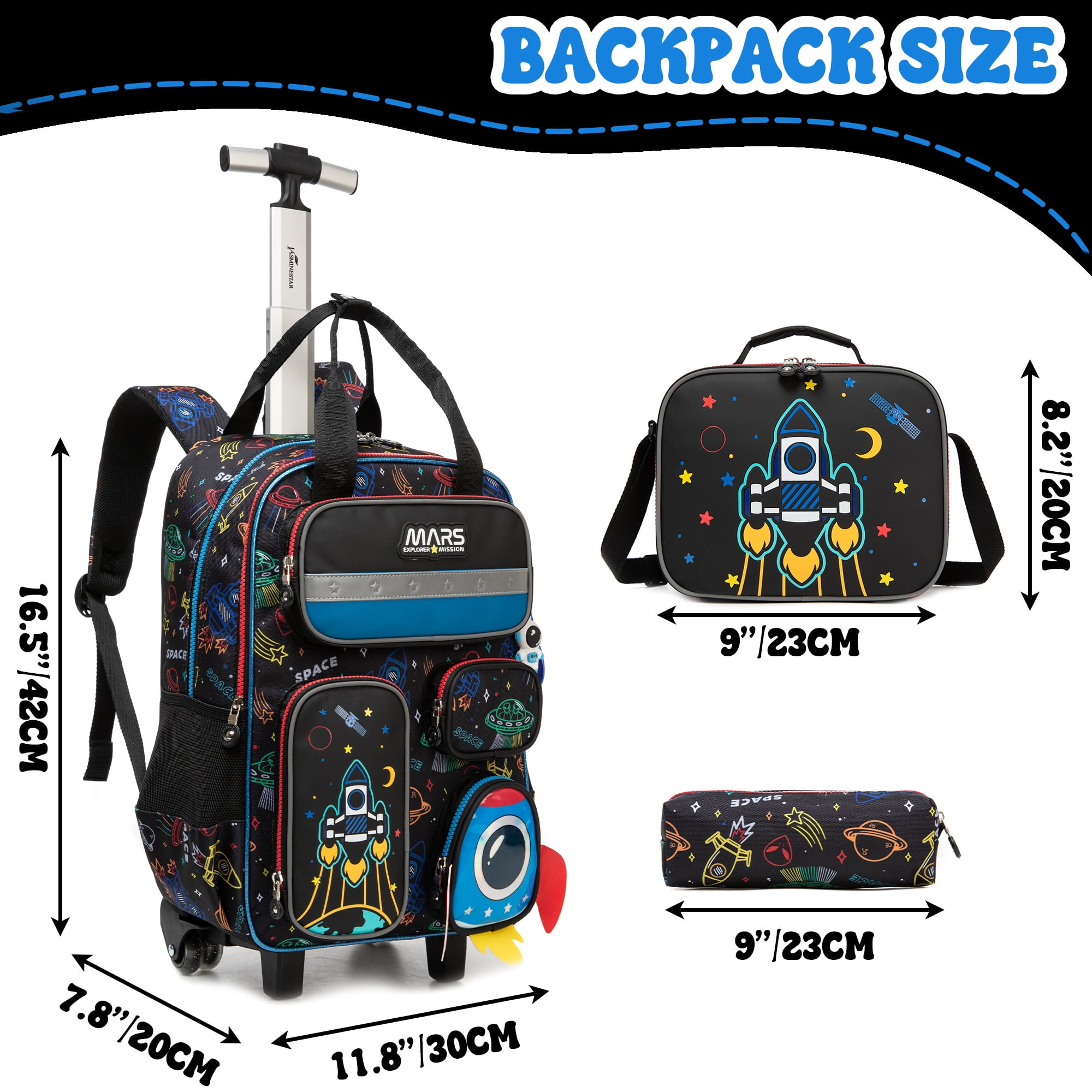 Kid Rolling Backpack for School Boys with Wheels Roller Bookbag with Lunch Box Pencil Case Carry-on Kids' Luggage for Ages 8-10
