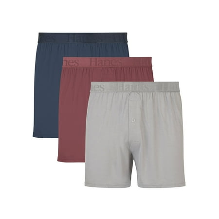 Hanes Originals Ultimate Men's SuperSoft Knit Boxer Underwear, Blue/Grey/Red, 3-Pack Assorted M