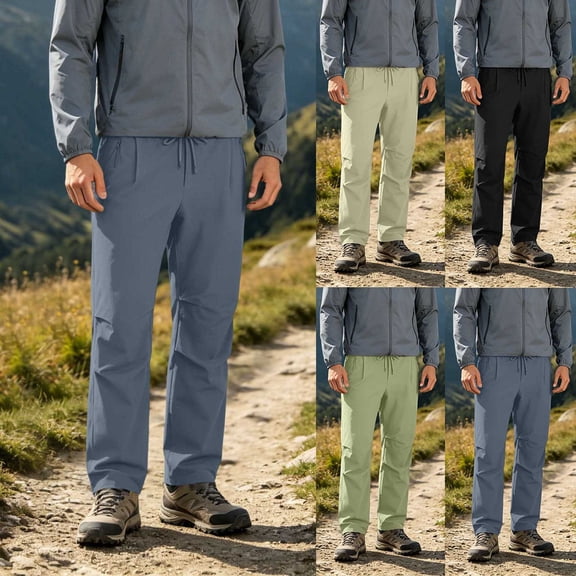 Mens Hiking Pants Summer High Waist Drawstring Straight Leg Outdoor Pant Casual Relaxed Fit Trousers with Zip Pockets