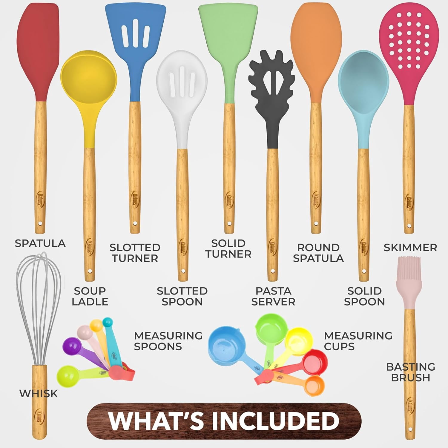 Kaluns 21 Pcs Wood and Silicone Kitchen Utensils Set for Cooking Household Essentials – Premium Cooking Utensil Set, Multicolored