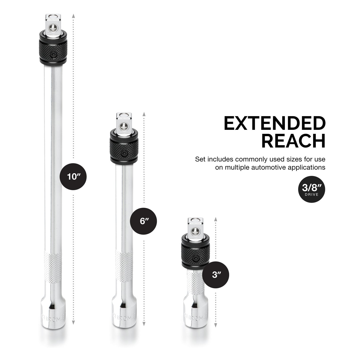 NEIKO 00295A 3/8" Drive Locking Extension Bar Set, 3 Piece, 3", 6", 10", Remove Sockets and Sparkplugs, Cr-V, Silver