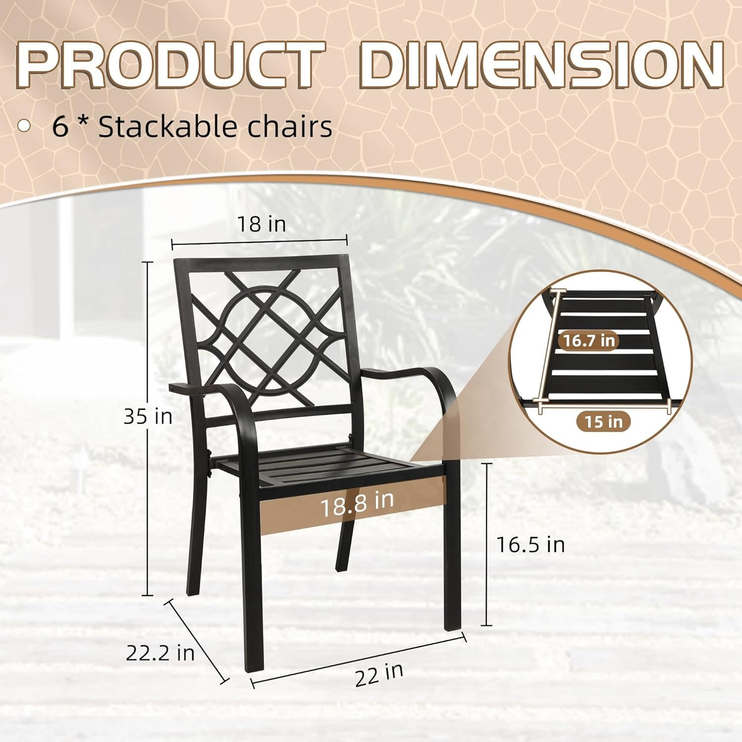 SOLAURA Outdoor Patio Dining Chairs Patio Metal Stackable Chairs Set of 6, Black