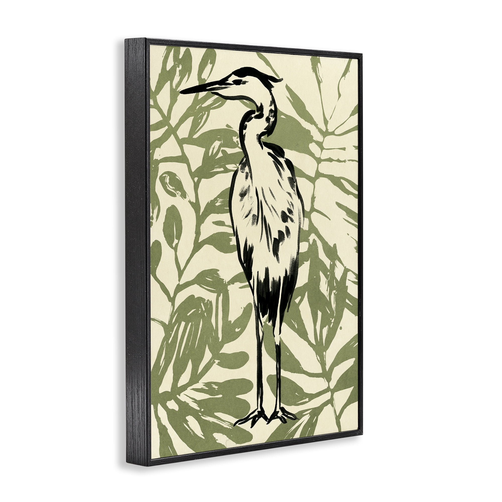 Stupell Industries Wild Heron & Leaves Animals & Insects Painting Black Framed Art Print Wall Art, 12 x 18