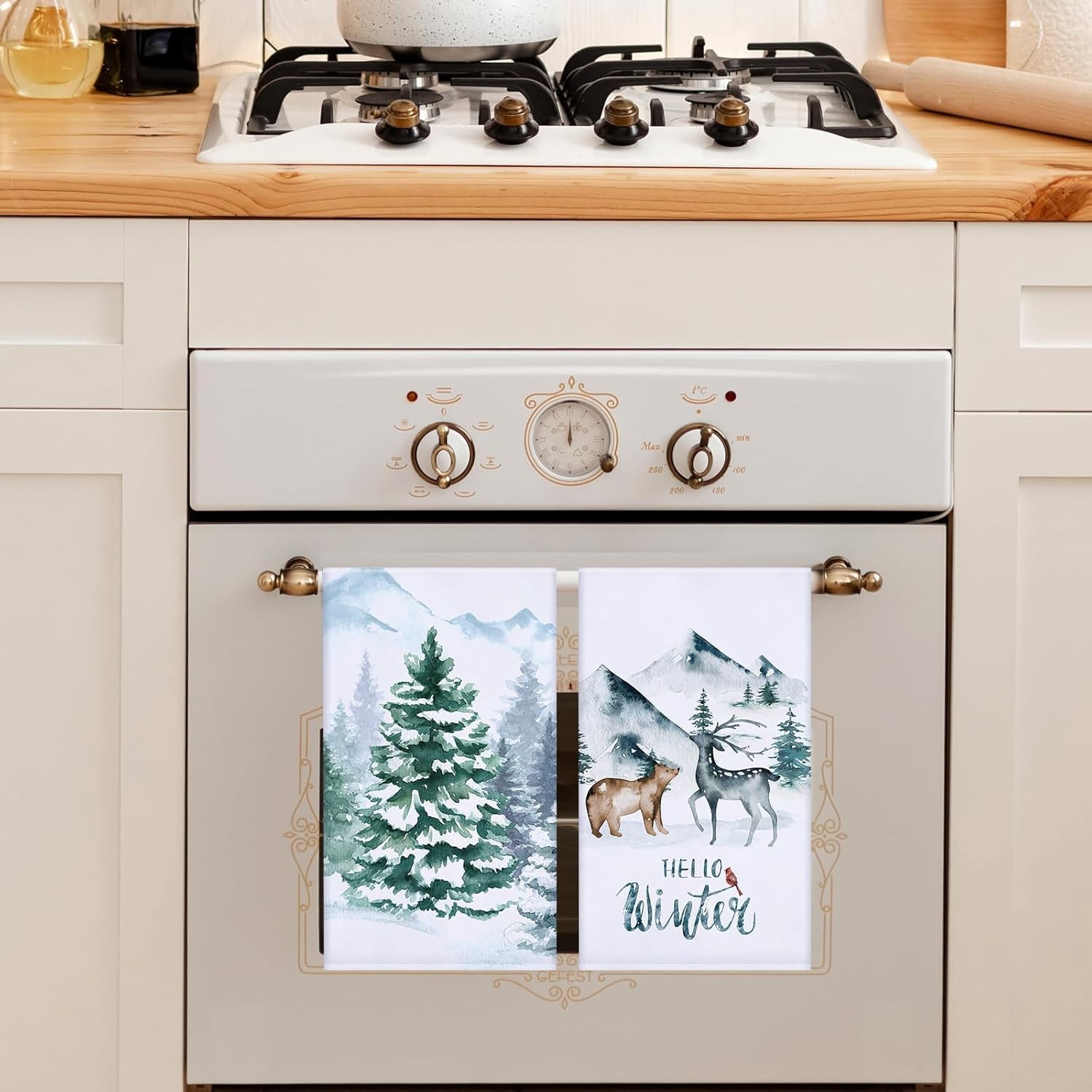 pogooe 6 Pcs Christmas Kitchen Towels Hello Winter Tea Towels Pine Trees Reindeer Dish Towels Woodland Dish Cloths Snow Home Decoration for Winter Housewarming Cooking Bathroom Gift, 18 x 26''''