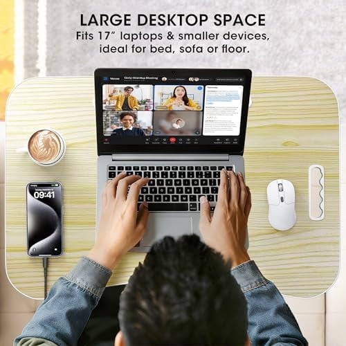 Folding Lap Desk, 23.6 Inch Wood Laptop Bed Desk with Cup Holder, Portable Bed Table for Working Writing Reading & Eating for Bed, Sofa, Couch, Floor - Beige