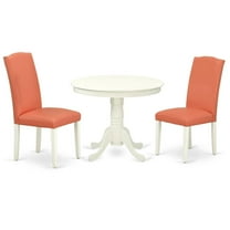 ANEN3-LWH-78 3Pc Rounded 36 Inch Dining Table And 2 Parson Chair With Linen White Leg And Pu Leather Color Pink Flamingo