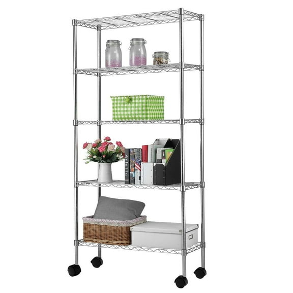 IVV 5-Tier Wire Shelving Unit on Wheels, Adjustable Heavy Duty Metal Storage Rack, Chrome-Plated Rolling Organizer for Kitchen, Laundry, Bathroom, Garage, Pantry, 35.4"L x 13.8"W x 65"H