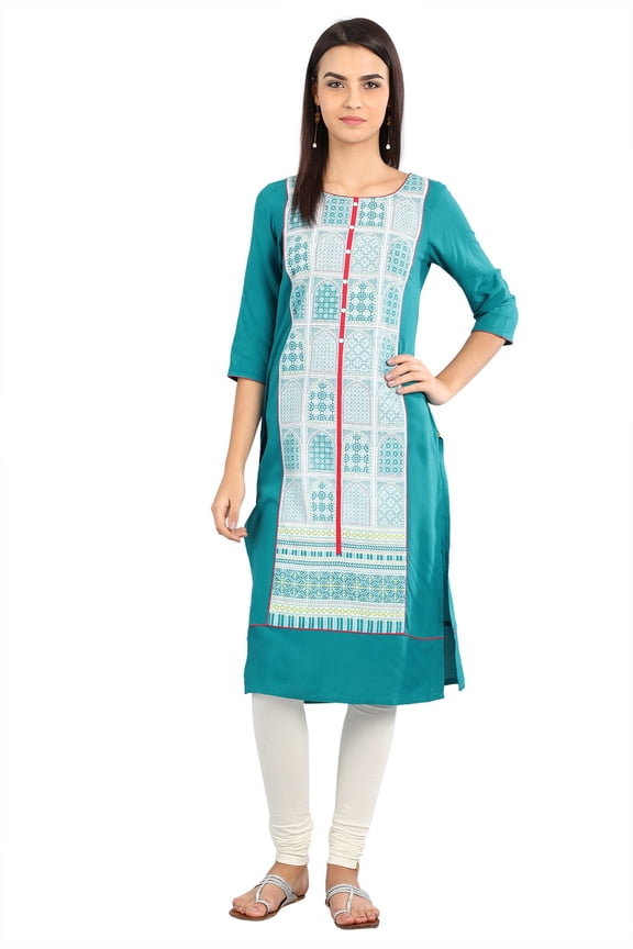 Blue Color Block Boat Neck Kurta-Small