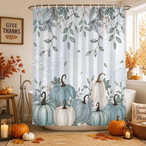 Teal Pumpkins Fall Shower Curtains for Bathroom, Thanksgiving Autumn Leaves Blue Waterproof Fabric Shower Curtain, Decorative Bathroom Curtain for Bathtub, 36"x72", No Hooks Included