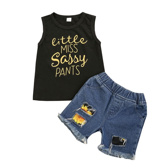 Xingqing Kids Bébé Filles Causal Clothes 2pcs Lettre Imprimé Sans Manches Tops Denim Shorts Sets
