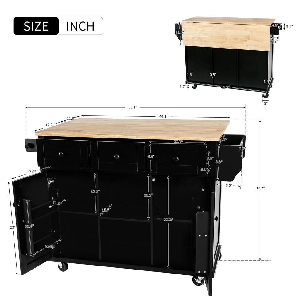 53.1" Kitchen Island Cart with Large Tabletop and Locking Wheels, Kitchen Trolley Cart with 4 Doors Cabinet & 2 Storage Drawers, Spice Rack & Towel Rack, Rolling Kitchen Island Cart, Black