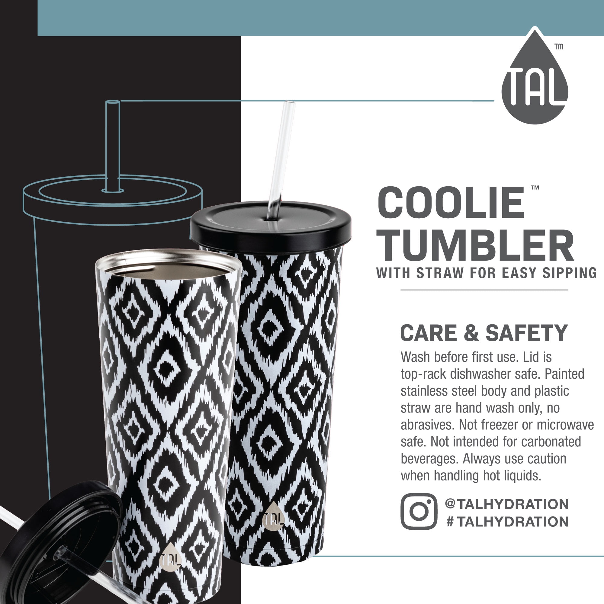 TAL Stainless Steel Coolie Black and White Ikat Print Tumbler - Walmart  Finds