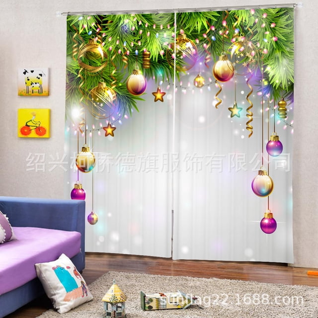 Cortina navideña con impresión digital, bola navideña, estrella, campana, cortina decorativa de poliéster