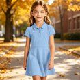 thumbnail image 3 of Girls Uniform Polo Dress Toddler Button Callor Short Sleeve Solid Tennis Dress A-Line Athletic Dresses for Kids,Sky Blue,110, 3 of 10