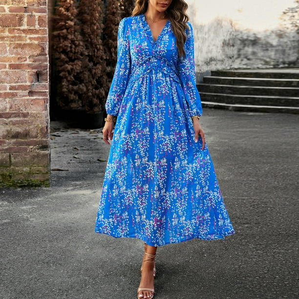 Vestido Vestido de línea A para mujer, vestido elegante de gasa con abertura lateral, vestido largo de vacaciones con estampado floral Ygjytge Azul T XL para Mujer