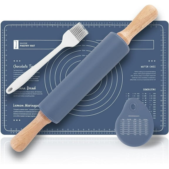 TEXIJUSO Rolling Pin & Silicone Baking Mats Set with Pastry Brushes and Dough Scraper,Non Stick Silicone Rolling pin with Wooden Handle and Baking mats Non Stick Silicone,Baking mat Set of 4(Blue)