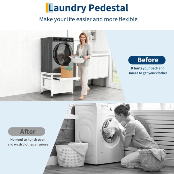 Robust Metal Washer and Dryer Pedestal – Heavy Duty Stand with Pullout Shelf & Drawer – Global Anti-Vibration, Adjustable Feet – Up to 850lbs – Size: 29x29x23 inch, Color: White