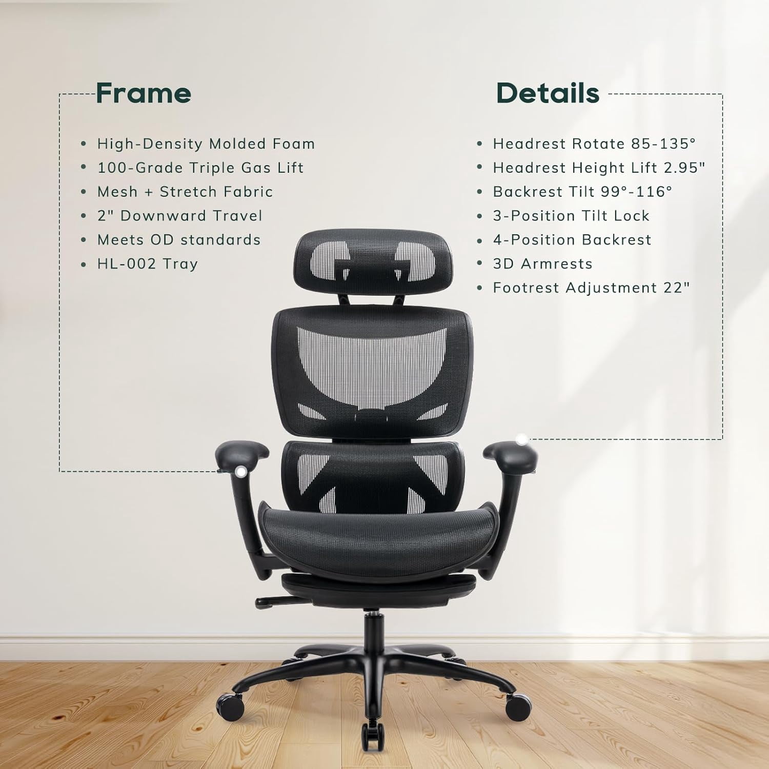 COLAMY Ergonomic Mesh Office Chair with Footrest & 3D Adjustable Armrests, Black