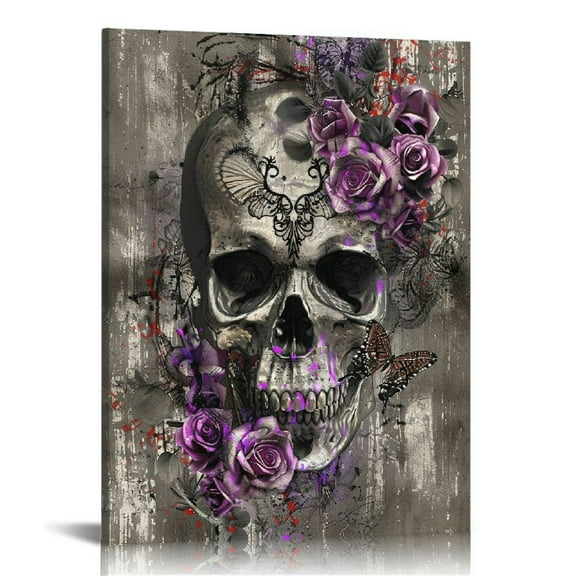 COMIO Skull Art Wall Decor Purple Sugar Skull Canvas Picture Skeleton and Rose Painting Gothic Theme Bedroom Bathroom Decoration