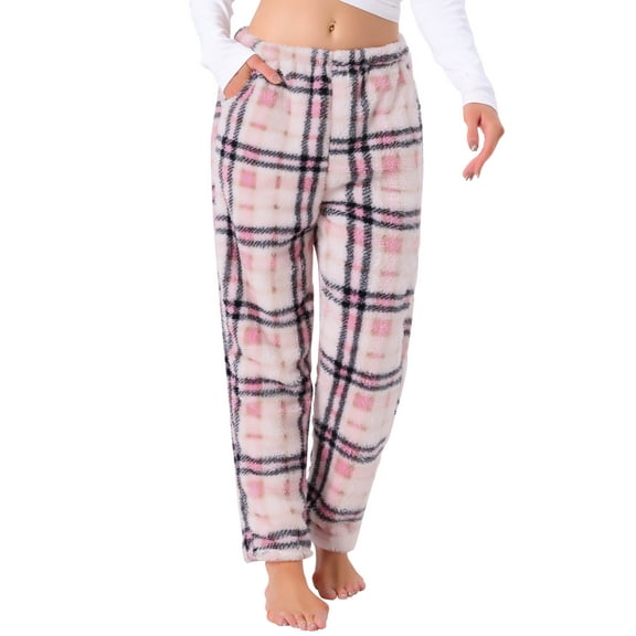 INSPIRE CHIC Womens Fuzzy Fleece Plush Plaid Pajama Pants Winter Warm Lounge Sleepwear with Pockets Bottoms M Pink
