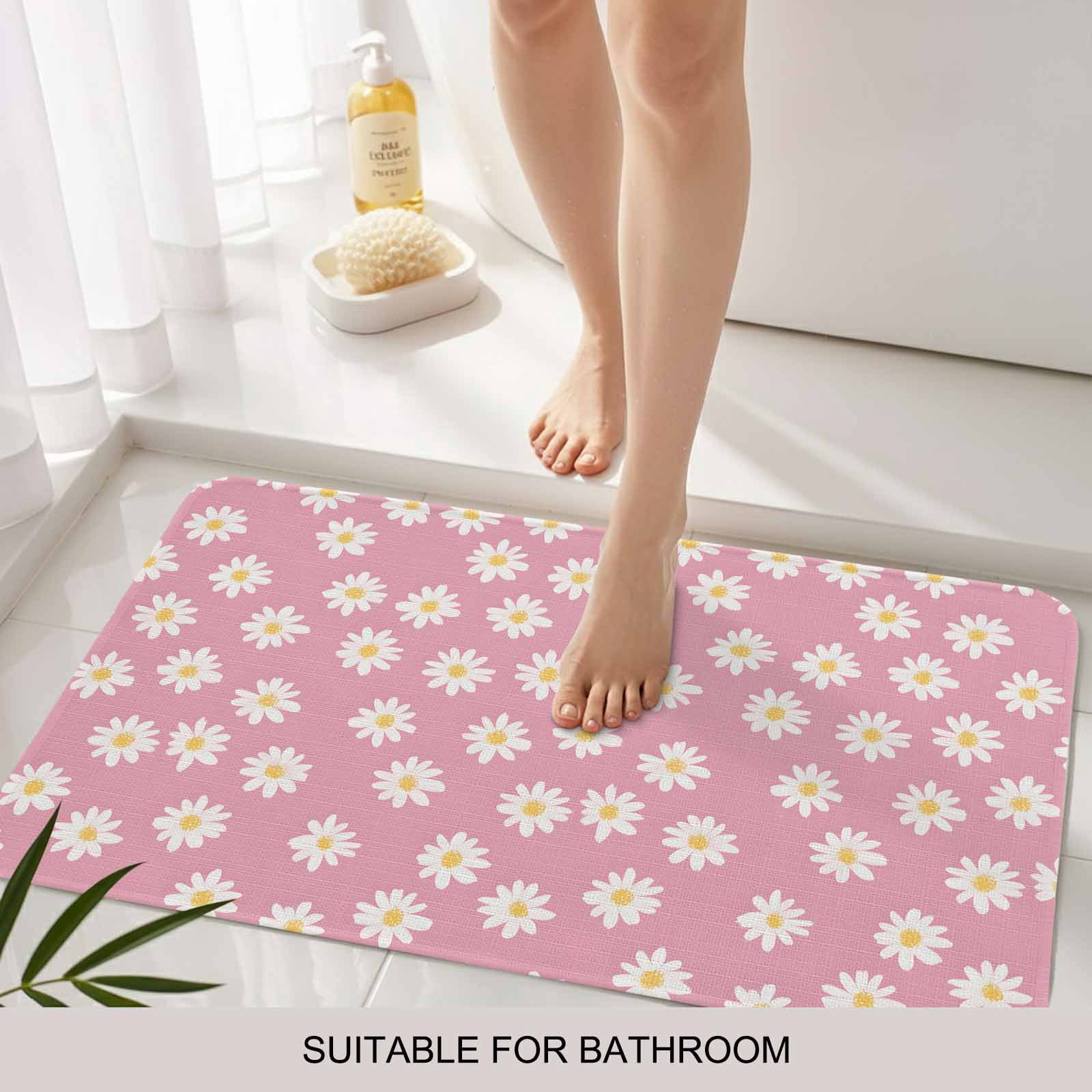 White Pink Daisy Doormat Outdoor Entrance 18"x30", Spring Summer Floral Farmhouse Absorb Moisture Dirt Door Mats, Non-Slip Rubber Backing Floor Mats Indoor, Low-Profile Front Door Rugs