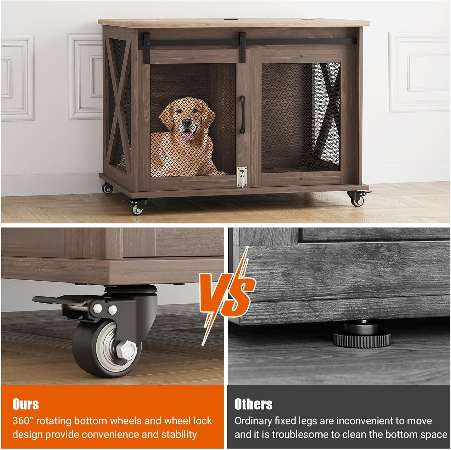 M optimized Dog Crate Furniture with Sliding Barn Door, Flip Top Dog Crate End Table with Wheels, Indoor Dog Kennel Furniture with Removable Divider, Dog House
