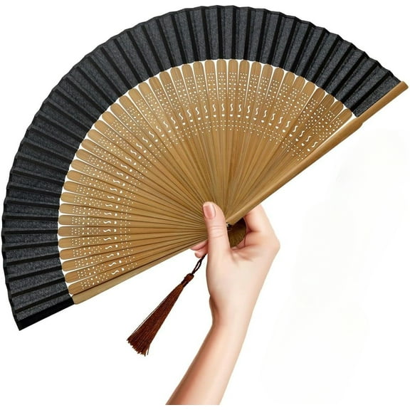 Folding Hand Fan for Women - Foldable Chinese Japanese Vintage Bamboo Silk Fan - for Hot Flash, Church, Decoration, EDM, Music Festival, Dance, Party, Performance, Gift (Solid Sexy Black)