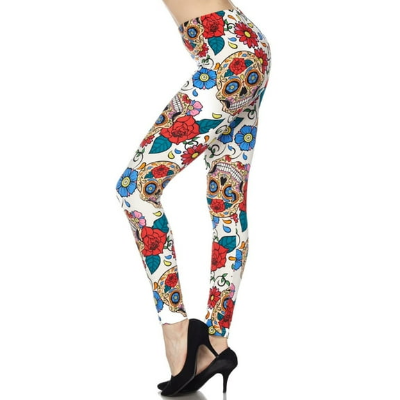 Women Ultra Soft Printed Fashion Halloween Full Length Ankle Leggings (Floral Sugar Skull)