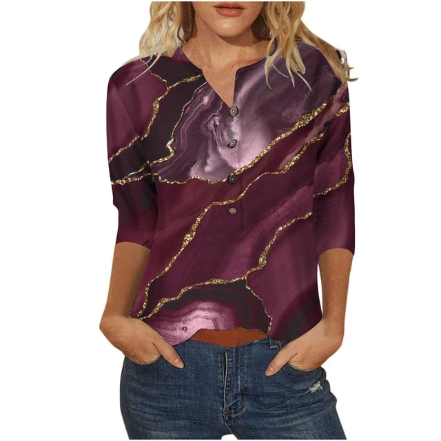 Hauts à Manches 3/4 pour Femmes Hauts Décontractés pour Femmes à Manches 3/4 Imprimé Col Rond Boutonné Tunique Basique T-Shirts Blouses T-Shirts pour Femmes Mode T-Shirts à Manches 3/4 pour Femmes