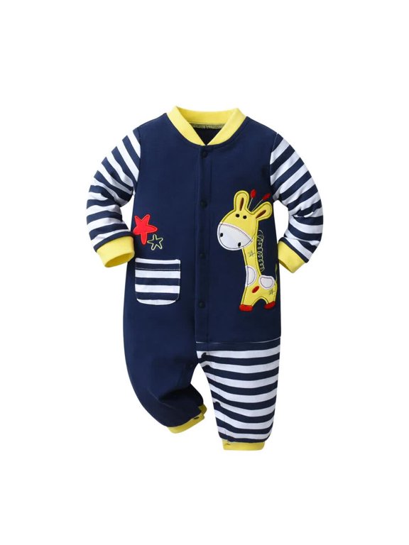 Newborn Baby Boy Clothes Giraffe Style Romper Long Sleeve Stripe Jumpsuits Blue 9-12 Months