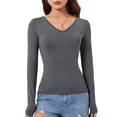 thumbnail image 1 of Diconna Women's Spring Autumn Crop Tops Solid Color Long Sleeve V Neck Short Slim T-shirt, 1 of 9