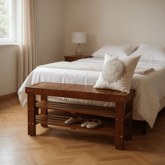Homy Casa Wooden End of Bed Bench for Bedroom Seating and Shoe Storage, Cherry