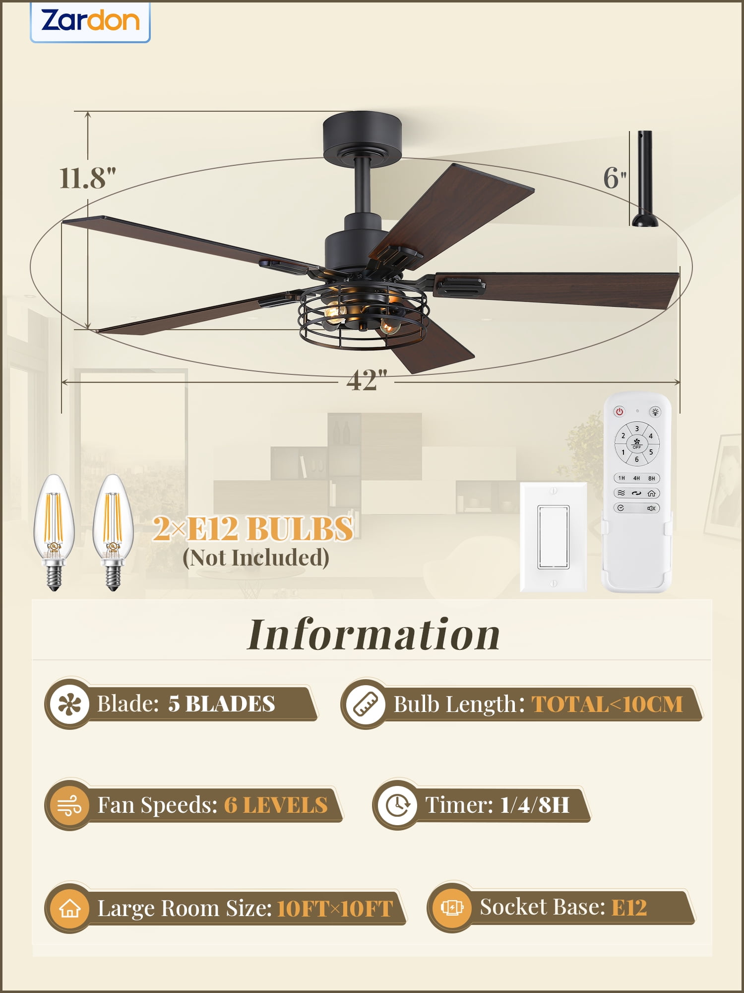Zardon 42" Black Farmhouse Ceiling Fans with Light and Remote, 2 Pack Industrial Caged Fans with Quiet DC Motor, 6-Speed for Bedroom, Living Room, Indoor