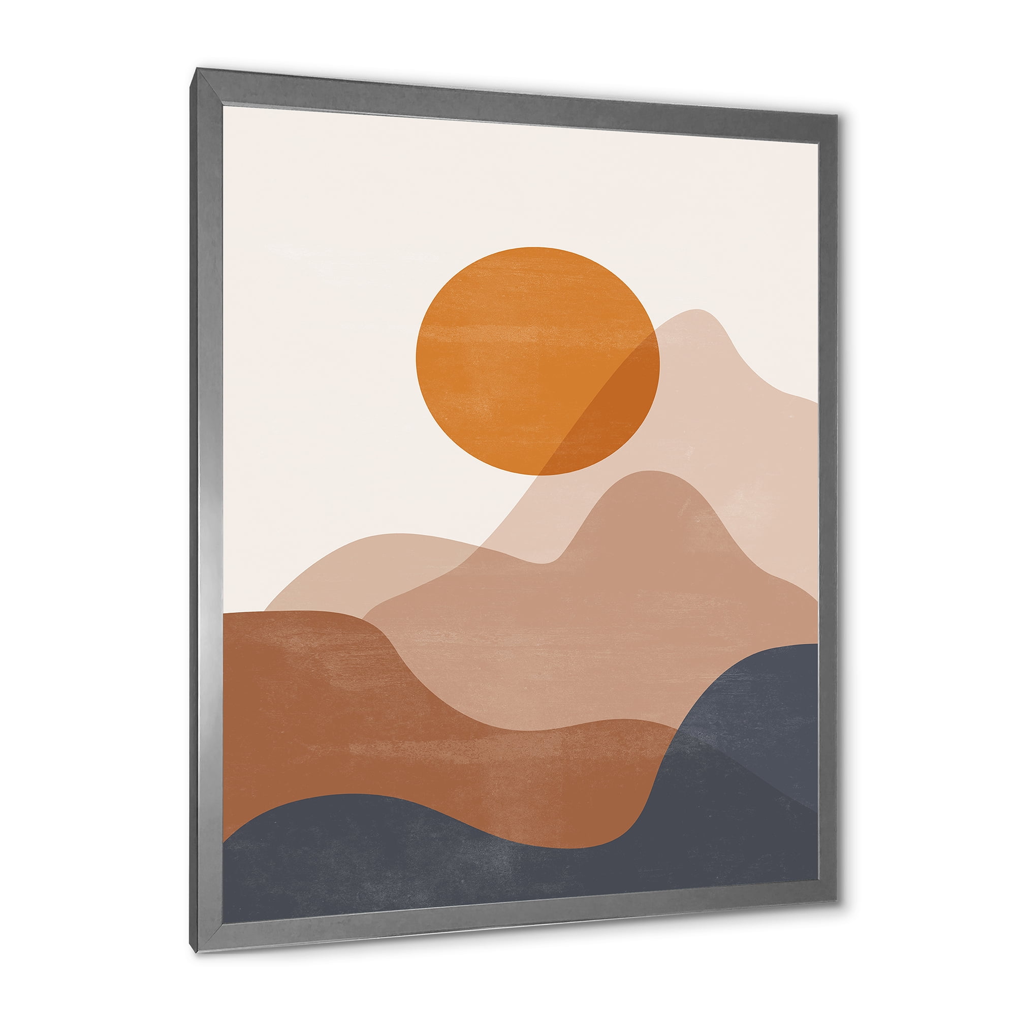 Designart 'Abstract Earth Toned Mountains With Red Moon II' Modern Framed Art Print
