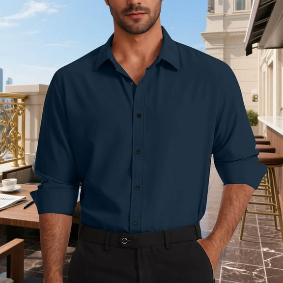 qolati Mens Dress Shirts Elegant Solid Long Sleeve Stretch Wrinkle-Free Work Shirts Button Down Business Formal Shirt Wedding Blouses Dark Blue XXXL