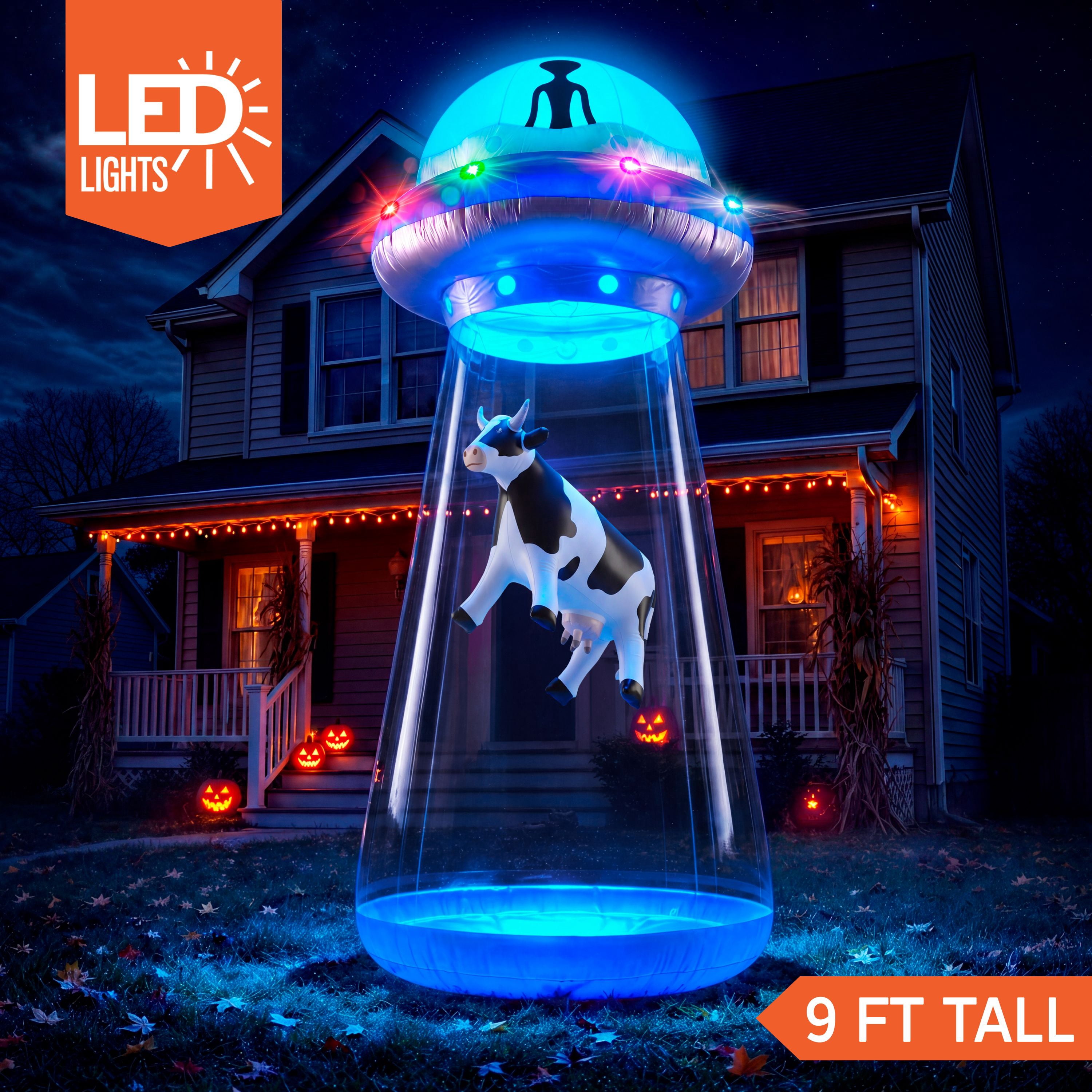 Joyfy 9 FT Tall Halloween Inflatable UFO Decoration,Blow Up Blue Flat Rim UFO with Built-in Color Changing LEDs for Halloween Outdoor Yard Garden Lawn(Cow Not Included)