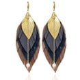 thumbnail image 1 of Vangania Aretes de cuero con pluma mediana mocha para mujer artesanal baño oro, 1 of 4