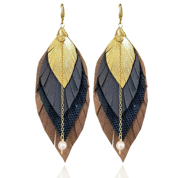 Vangania Aretes de cuero con pluma mediana mocha para mujer artesanal baño oro