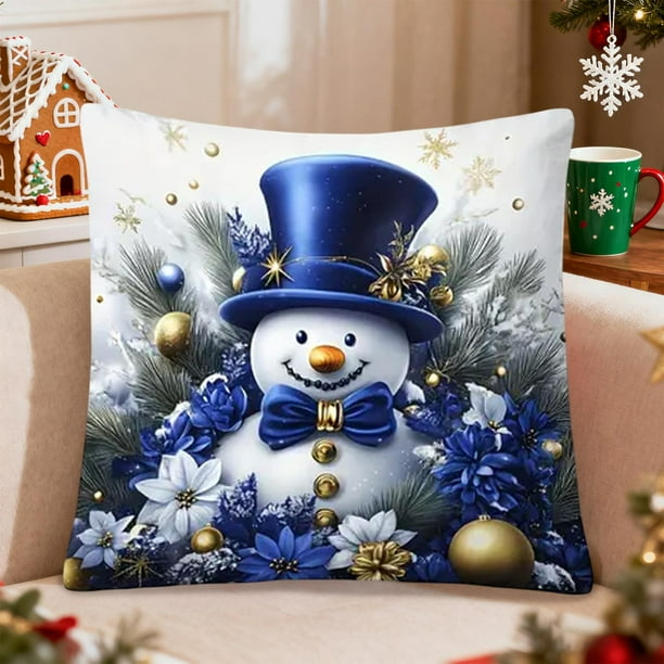Decoraciones navideñas, adornos navideños, funda de cojín con estampado navideño de lino azul y dorado para sala de estar o sofá. Funda de almohada decorativa de lino para decoración navideña.