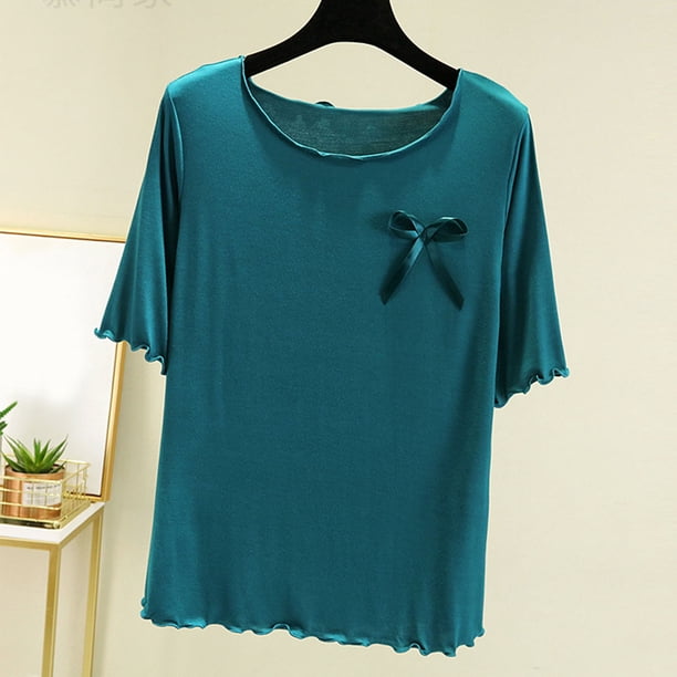 Pijama de manga corta para mujer, cuello redondo, color liso, informal, fino, interior, para el hogar, de poliéster