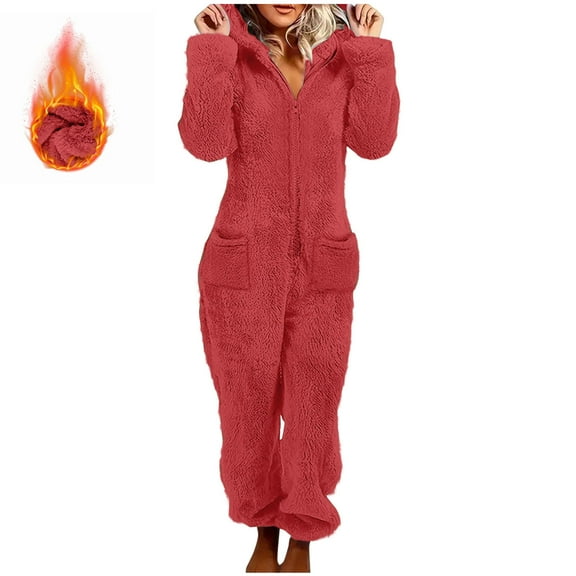 gbyLJF Women's Fleece One-Piece Pajamas Solid Color Zipper Hooded Jumpsuits Soft Comfy Home Clothing with Pockets