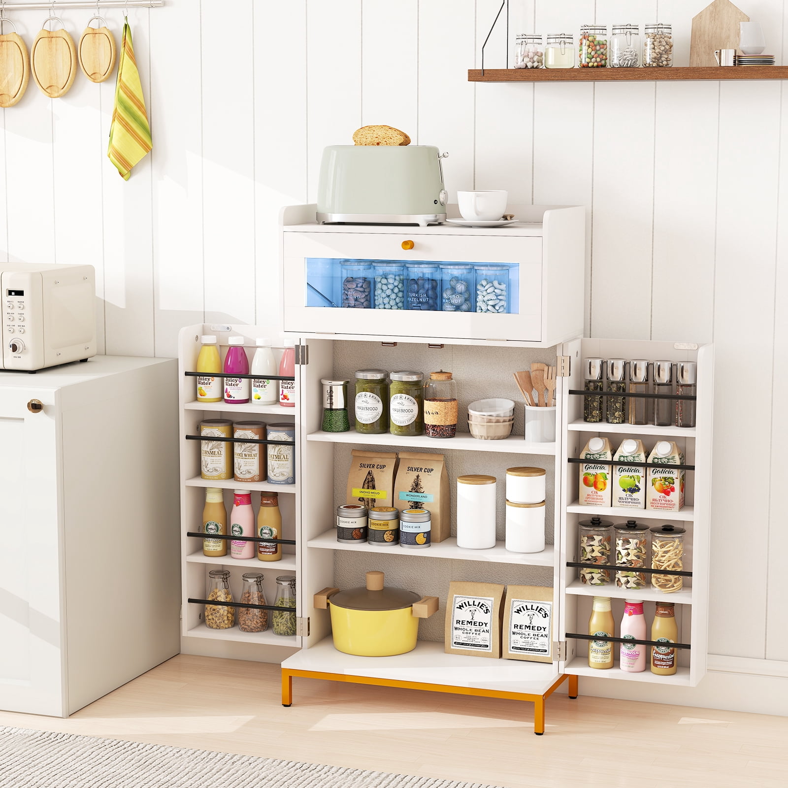 Patiojoy Pantry Cabinet w/Charging Station Kitchen Food Cabinet w/LED Light